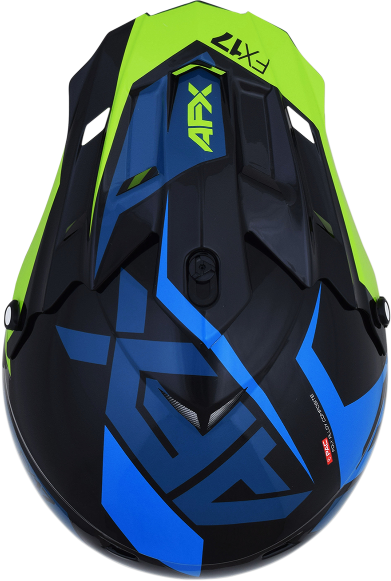 Bill's Exhausts AFX FX-17 motorcycle helmet in blue and lime, 2XL size, featuring aerodynamic design and visor.