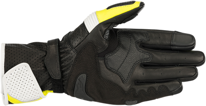 Alpinestars SP-1 V2 motorcycle gloves in black, white, and fluo yellow, size 2XL, with protective knuckles and adjustable wrist strap.