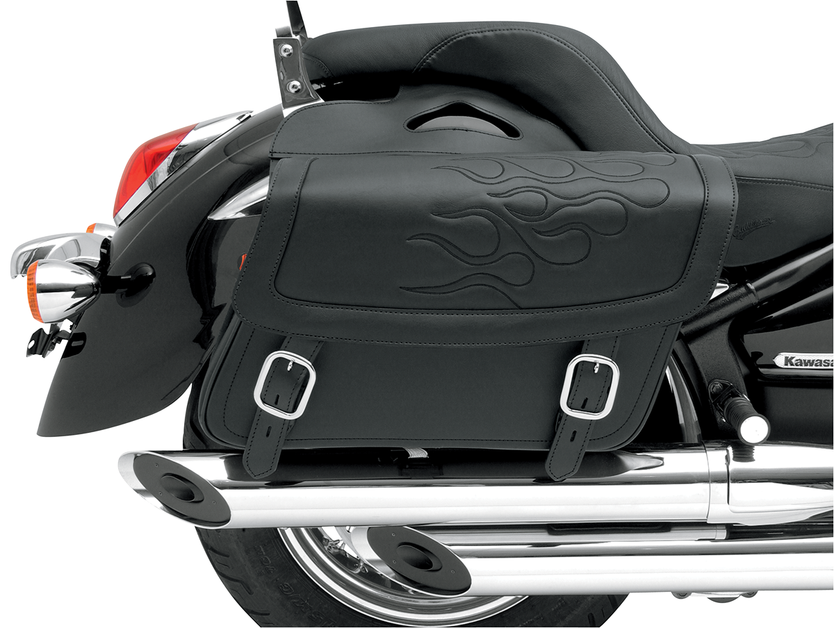 Black Saddlemens Flame Saddlebag for motorcycle, medium size, featuring flame design, designed for durable seat storage.