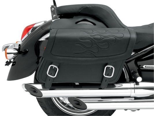 Black SADDLEMEN Flame Saddlebag for bikes, featuring a durable seat design with bold flame graphics and sturdy construction.