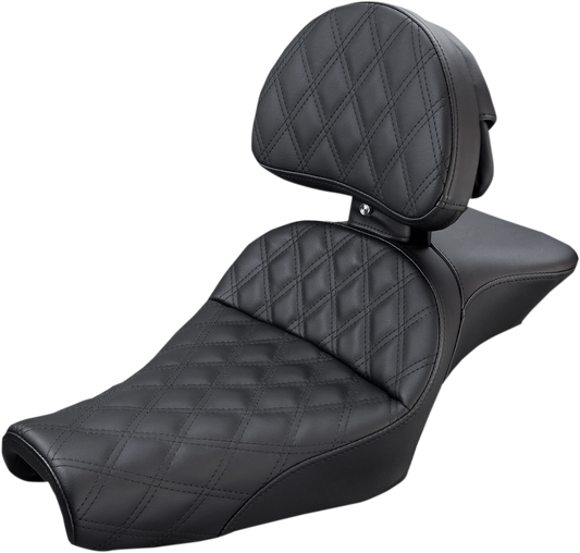 Black SADDLEMEN Explorer seat with backrest and lattice stitching, designed for XL motorcycles from 2004 to 2022.