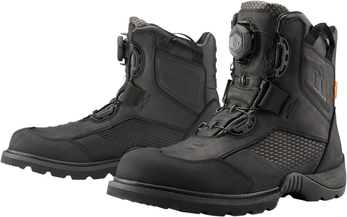 Black ICON Stormhawk boots by Bill's Exhausts in size 8.5, showing the sturdy leather exterior and rugged sole.