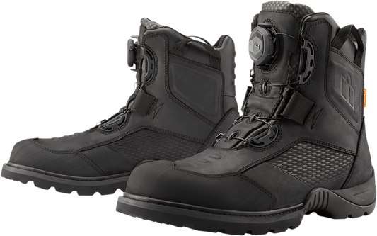 Black ICON Stormhawk Boots by Bill's Exhausts in size 9.5, featuring sturdy leather construction and rugged sole design.