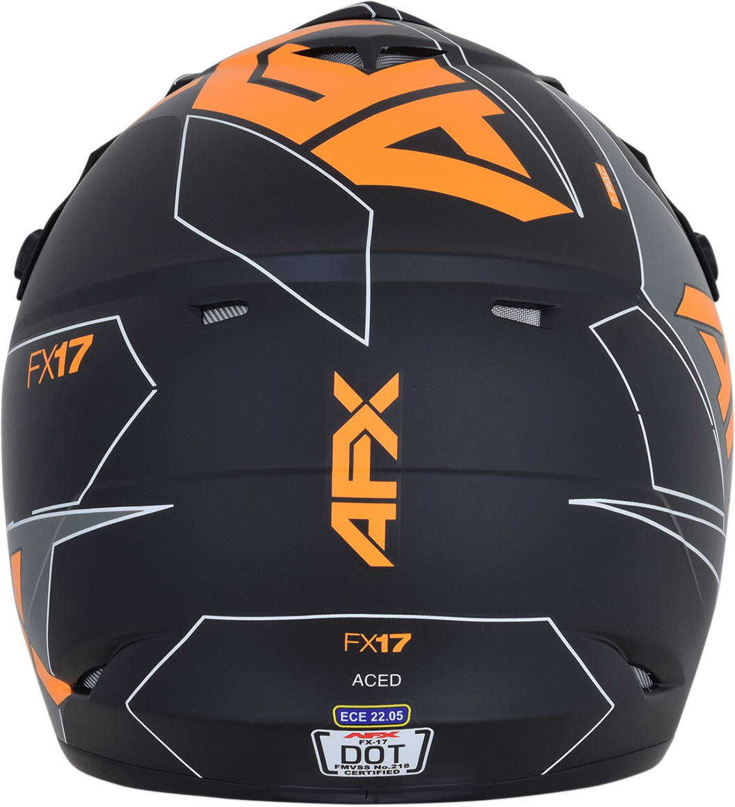 AFX FX-17 helmet in matte black and orange, small size, with aerodynamic design and clear visor.