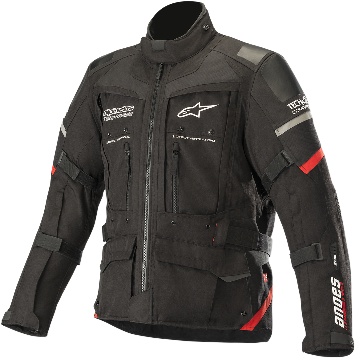 Alpinestars Andes Pro Drystar® motorcycle jacket in black and red, medium size, featuring protective design and waterproof material