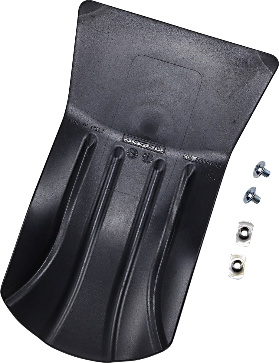 A black Acerbis skid plate mounted on a motorcycle, designed for body protection, with bolts securing it in place.