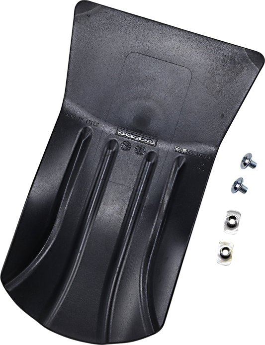A black Acerbis skid plate mounted on a motorcycle, designed for body protection, with bolts securing it in place.