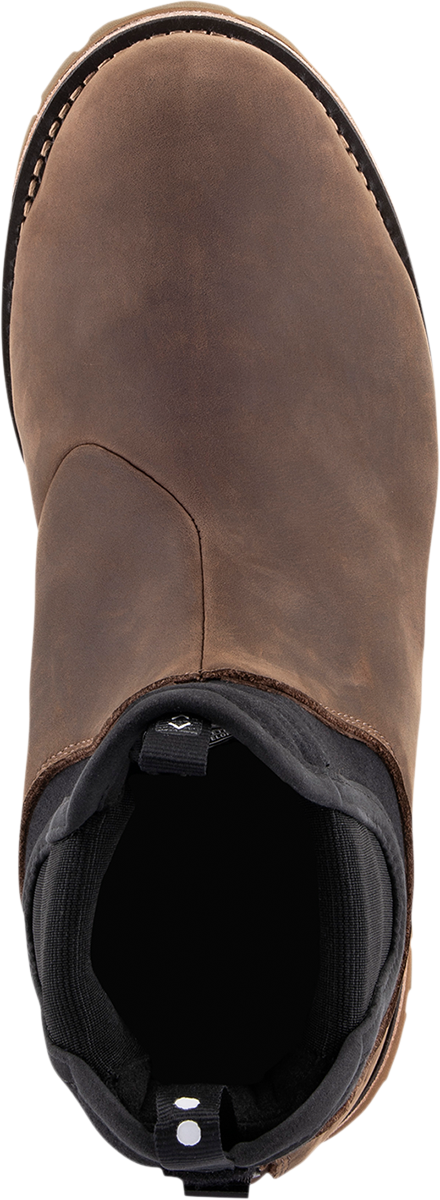 Alpinestars Turnstone motorcycle boots in black and brown, US size 13, with sturdy design and ankle protection.