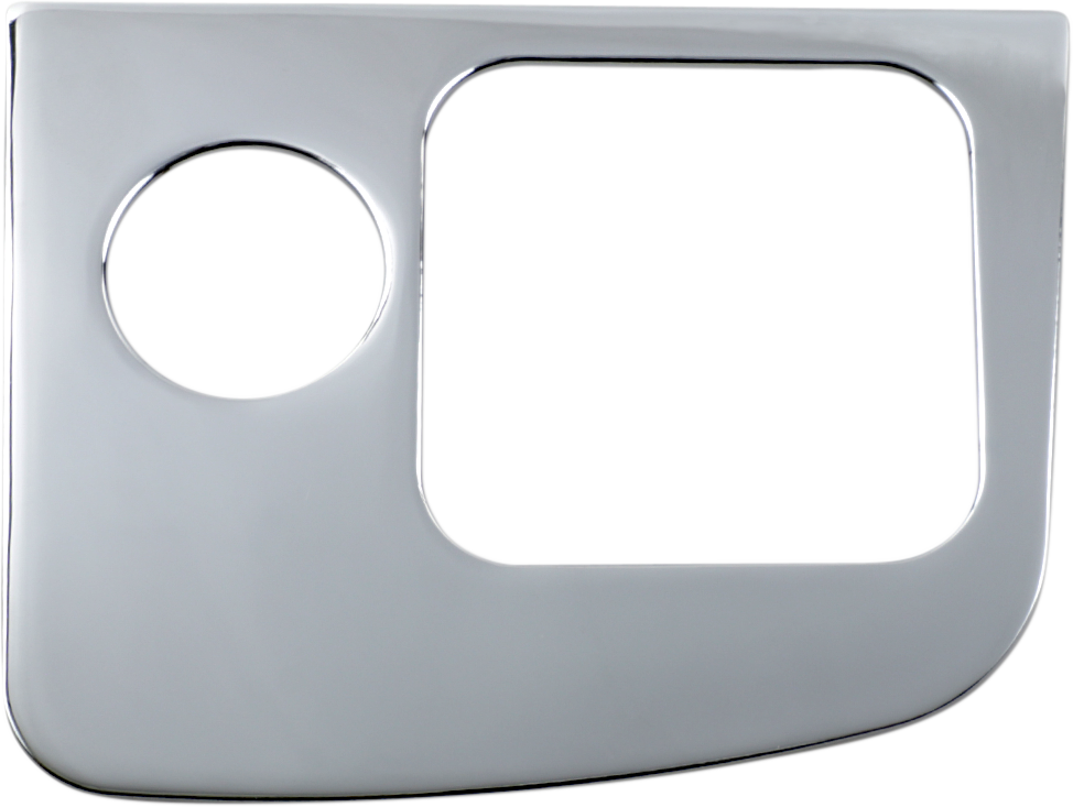 Chrome right control panel accent for engine from Bill's Exhausts, showcasing a shiny, detailed chrome finish with mounting points.