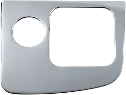 Chrome right control panel accent for engine from Bill's Exhausts, showcasing a shiny, detailed chrome finish with mounting points.
