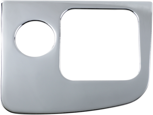 Chrome right control panel accent for engine from Bill's Exhausts, showcasing a shiny, detailed chrome finish with mounting points.