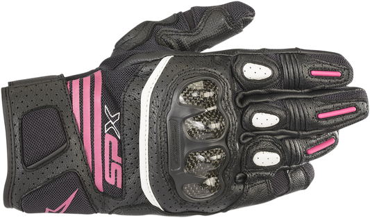Black and fuchsia Alpinestars Stella SPX AC V2 women's motorcycle gloves in XL, showing the gloves' design and brand logo.