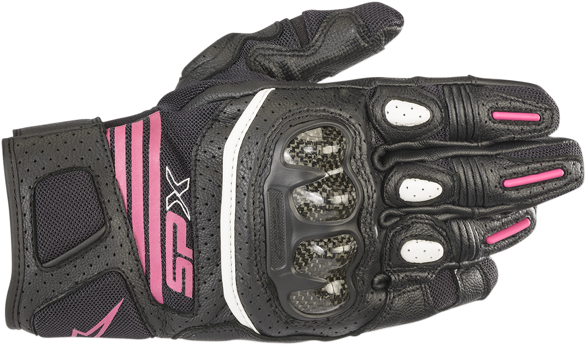 Alpinestars Women Stella SPX AC V2 motorcycle gloves in black and fuchsia, medium size, showcasing reinforced knuckles and breathable fabric.