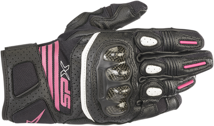 Alpinestars Women Stella SPX AC V2 motorcycle gloves in black and fuchsia, medium size, showcasing reinforced knuckles and breathable fabric.