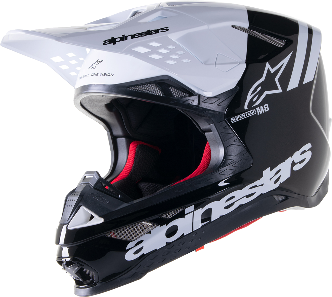 Alpinestars Supertech M8 Radium 2 helmet in gloss black and white with MIPS® protection, shown from the side in size XS