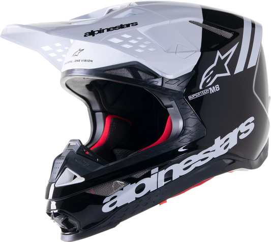 Alpinestars Supertech M8 helmet Radium 2 in gloss black and white, small size, featuring MIPS® safety technology and aerodynamic design.