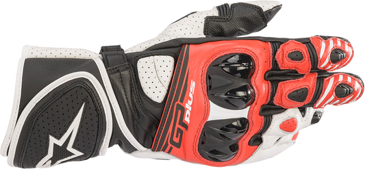 Alpinestars GP Plus R v2 motorcycle gloves in black, white, and red, medium size, showcasing reinforced knuckles and adjustable straps.