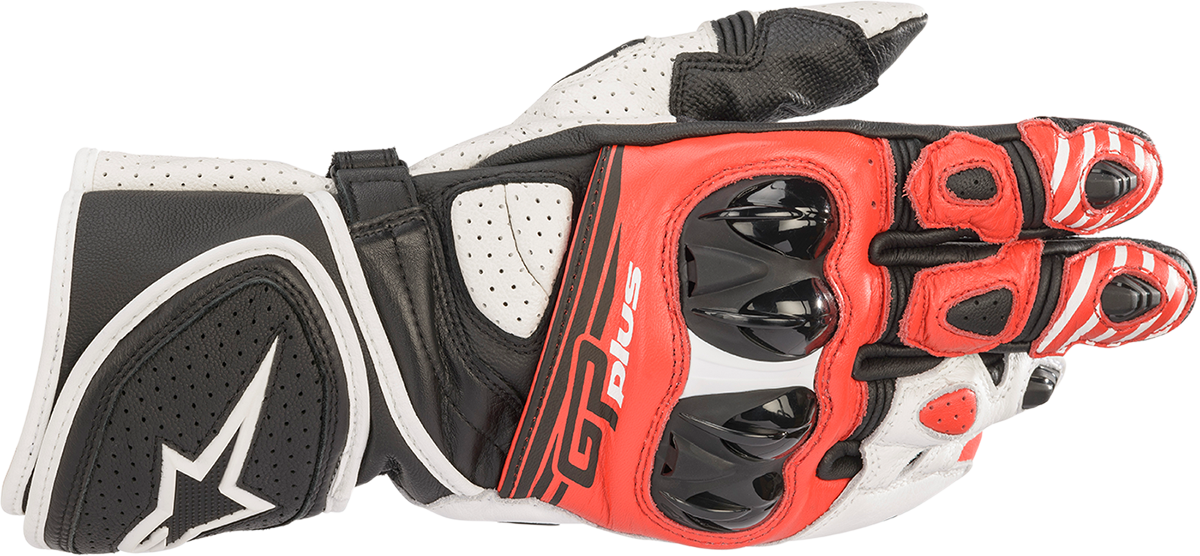 Alpinestars GP Plus R v2 motorcycle gloves in black, white, and red, size XL, with protective knuckles and adjustable wrist strap.