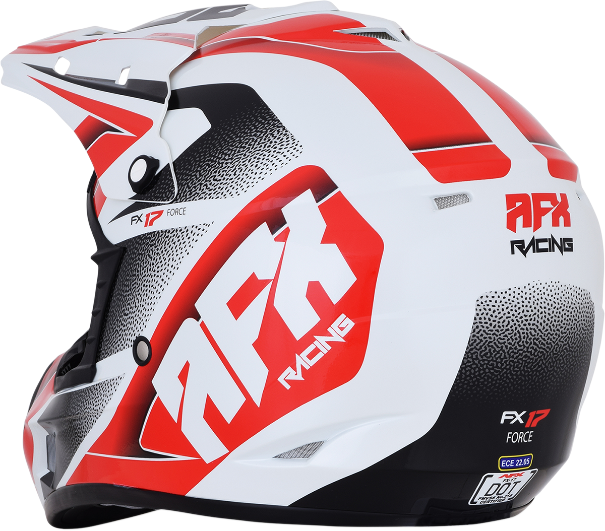 Small AFX FX-17 Force helmet in pearl white and red, featuring a sleek motorcycle helmet design with clear visor.