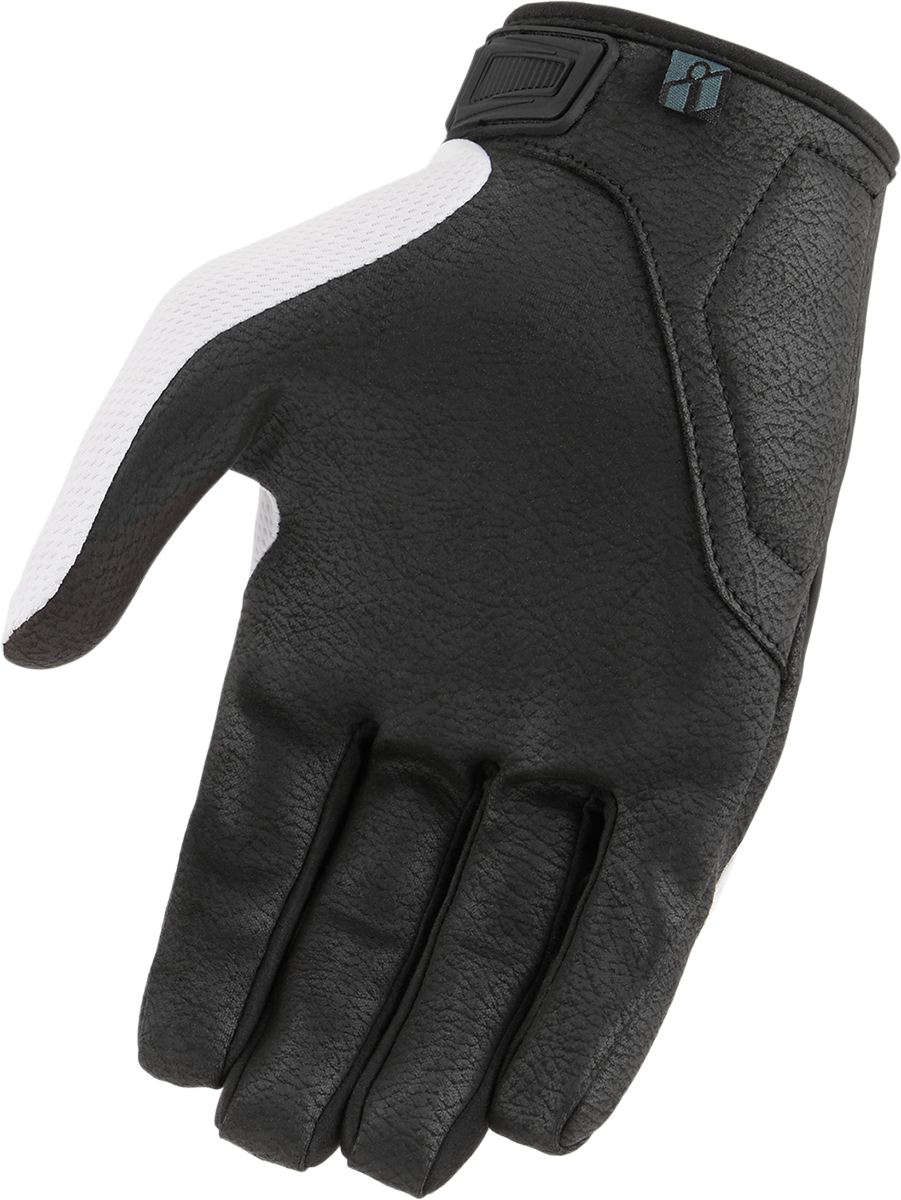 White ICON Hooligan CE Gloves by Bill's Exhausts, small size, close-up view showing textured palm and protective design.