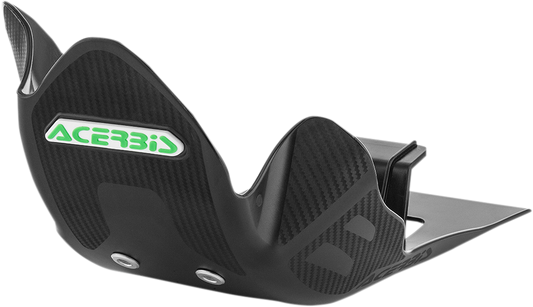 Black Acerbis skid plate for KX 250/250F motorcycle, designed to protect the body and engine from debris and impacts.