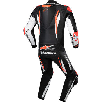 Alpinestars GP Tech v5 1-piece leather motorcycle suit in black, white, and red fluo, US 46 / EU 56, shown on a plain background.