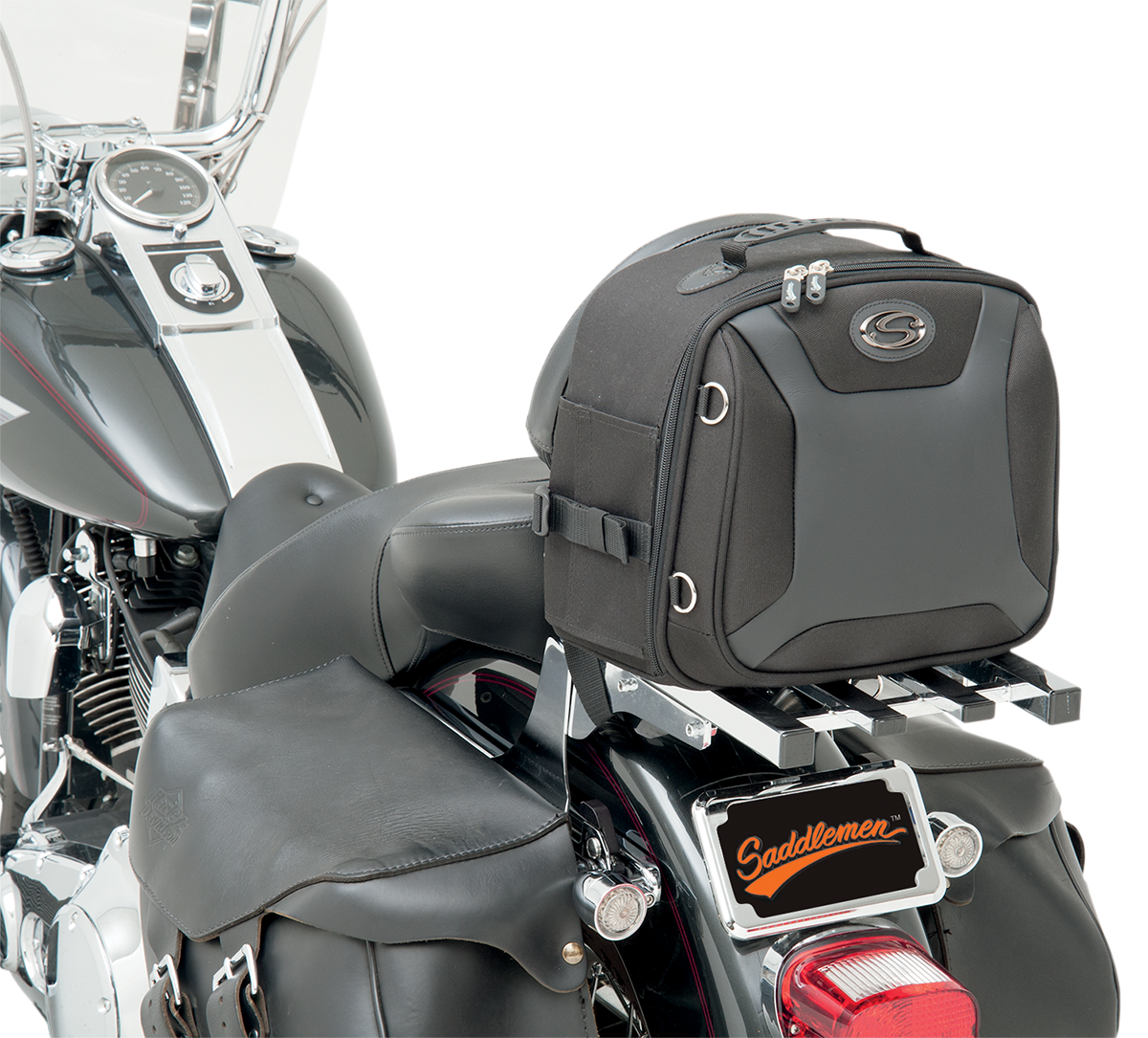 Bill's Exhausts Saddlemens FTB1000 Sport Sissy Bar Bag attached to motorcycle seat, black, compact storage for bike touring.