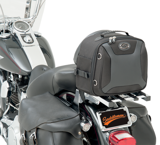 Bill's Exhausts Saddlemens FTB1000 Sport Sissy Bar Bag attached to motorcycle seat, black, compact storage for bike touring.