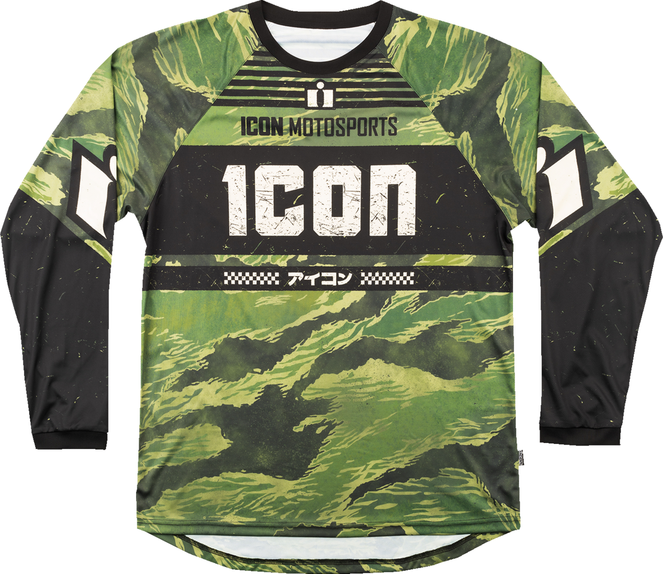 Bill's Exhausts ICON Tiger’s Blood Jersey in green camo, large size with bold tiger graphic and vibrant camouflage pattern.