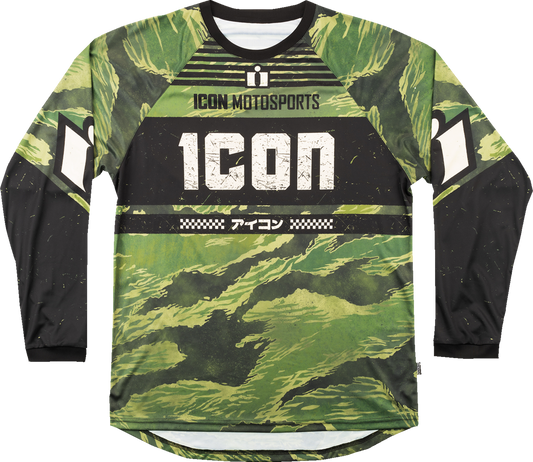 Bill's Exhausts ICON Tiger’s Blood Jersey in green camo, 4XL with tiger graphic and bold styling.