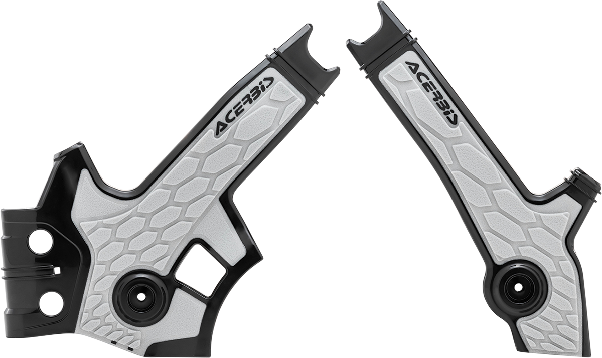 A set of ACERBIS X-Grip frame guards in black and silver designed for motorcycle protection, displayed on a plain background.