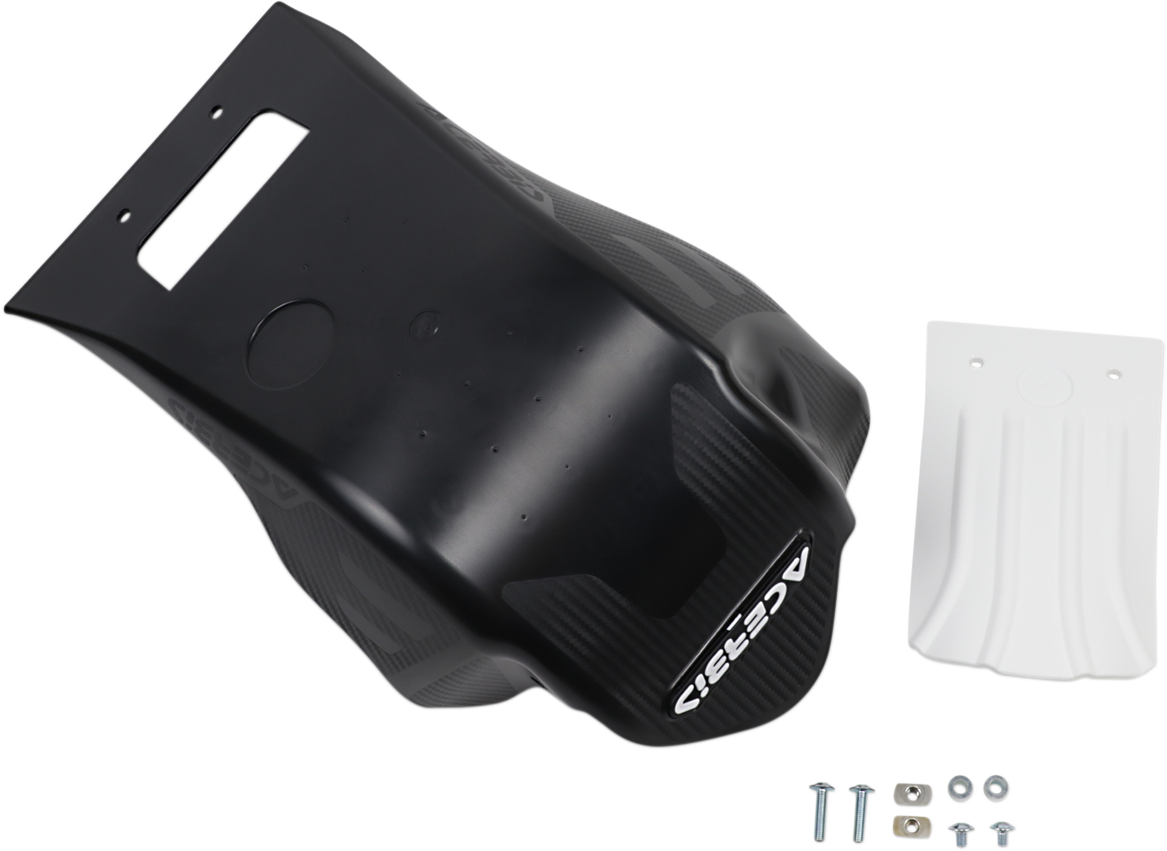Acerbis black and white skid plate installed on a RM-Z 250 motocross bike, providing body protection and durability.