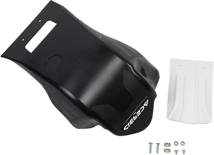Acerbis black and white skid plate installed on a RM-Z 250 motocross bike, providing body protection and durability.