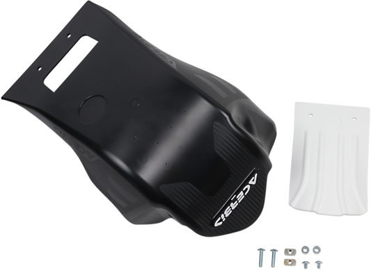 Acerbis black and white skid plate installed on a RM-Z 250 motocross bike, providing body protection and durability.