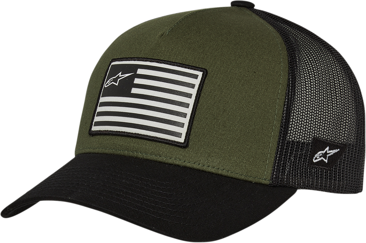 Alpinestars military black snapback hat with flag design, featuring a flat brim and adjustable one size fits all style.