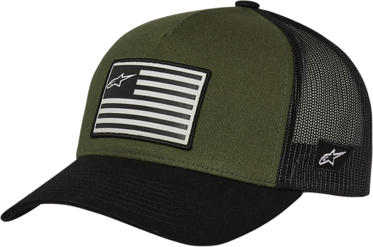 Alpinestars military black snapback hat with flag design, featuring a flat brim and adjustable one size fits all style.