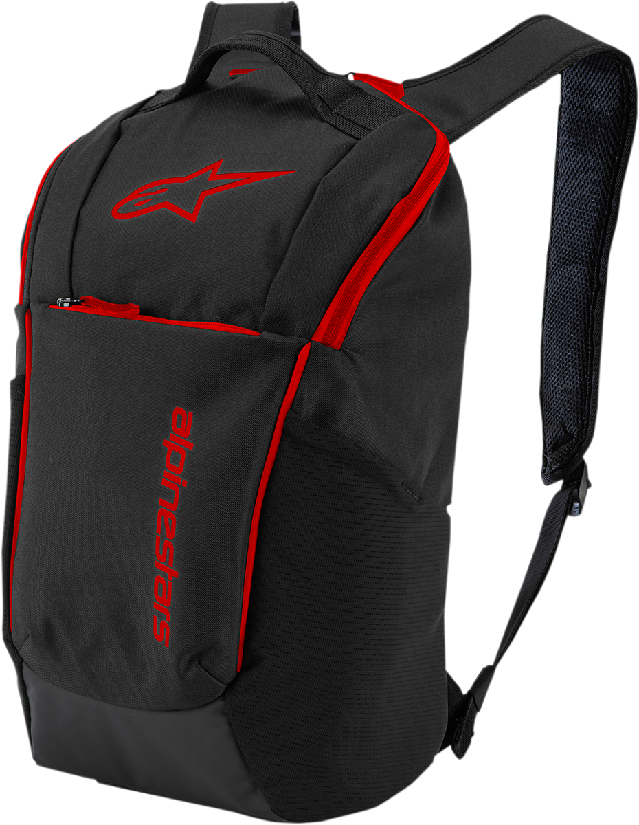 Alpinestars Defcon V2 motorcycle backpack in black and red with protective gear features, designed for rider safety and durability.