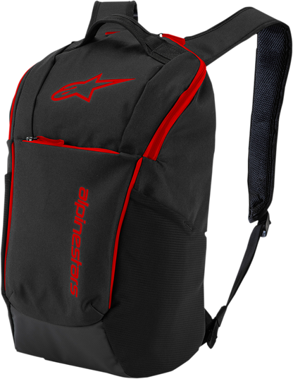 Alpinestars Defcon V2 motorcycle backpack in black and red with protective gear features, designed for rider safety and durability.