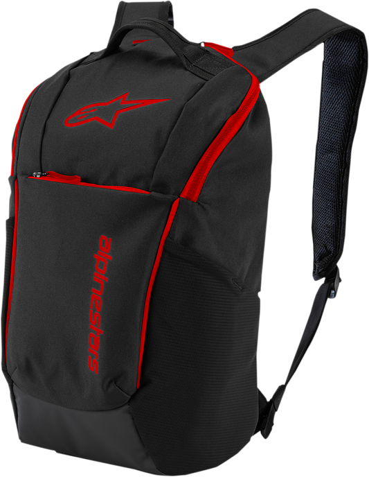Alpinestars Defcon V2 motorcycle backpack in black and red with protective gear features, designed for rider safety and durability.