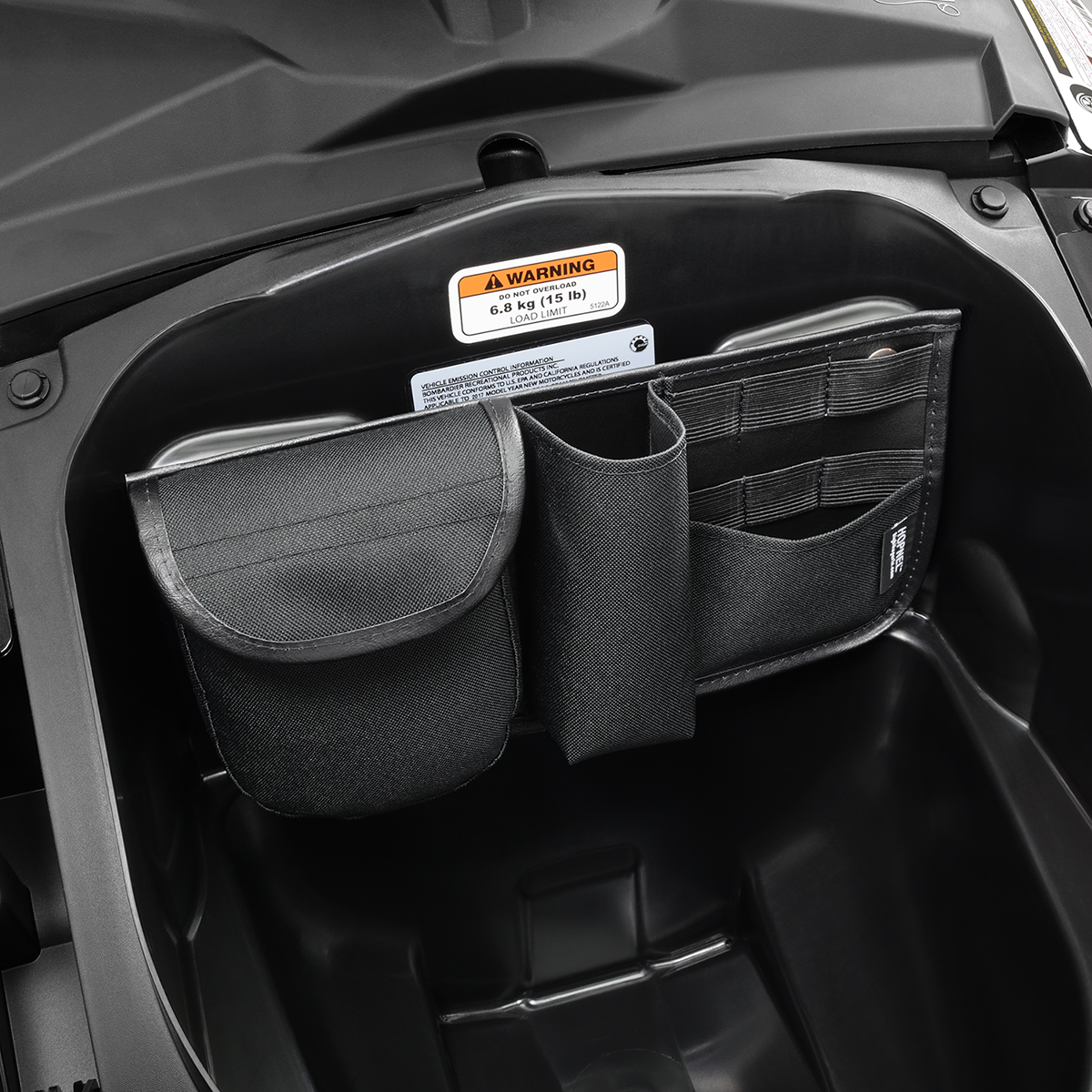 Show Chrome trunk organizer for engine storage, black plastic with multiple compartments, designed for vehicle engine organization.