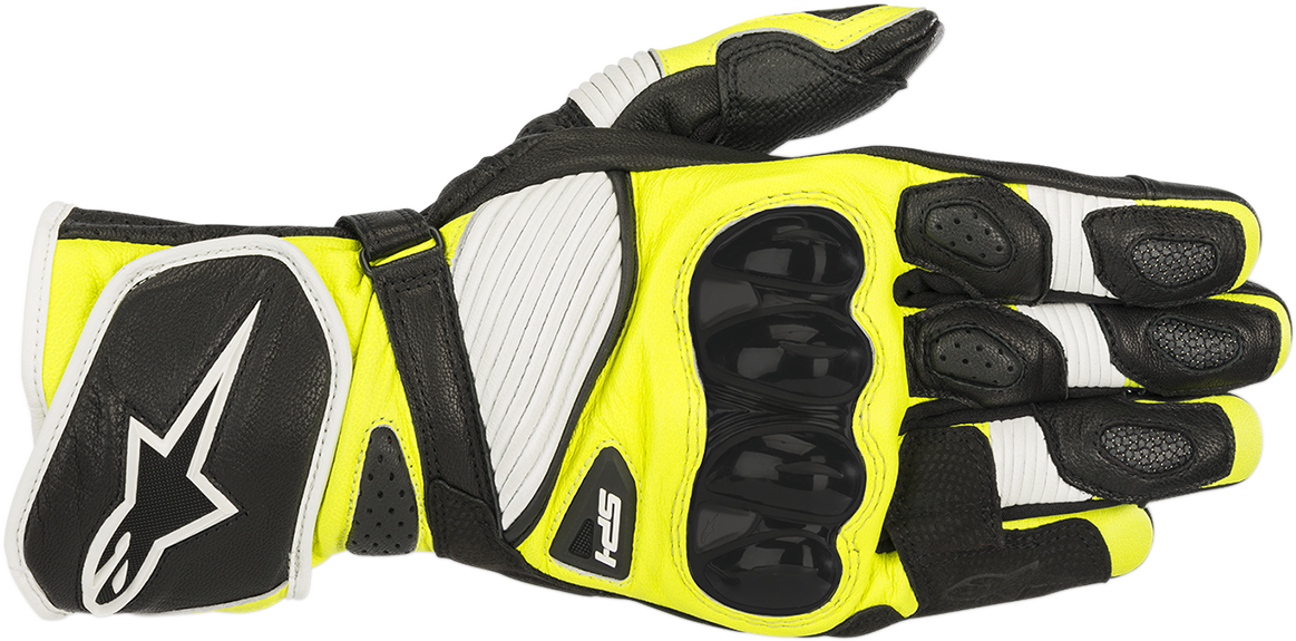 Alpinestars SP-1 V2 motorcycle gloves in black, white, and fluo yellow, 2XL, featuring protective armor and adjustable wrist closure.