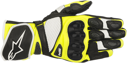 Alpinestars SP-1 V2 motorcycle gloves in black, white, and fluo yellow, 2XL, featuring protective armor and adjustable wrist closure.