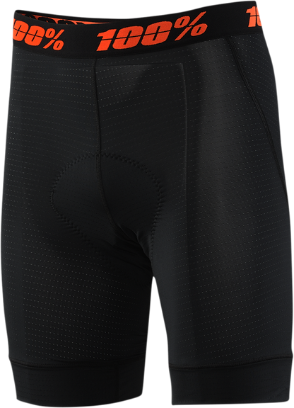 Black 100% Youth Crux liner shorts by Bill's Exhausts, US size 26, shown with elastic waistband and lightweight fabric.