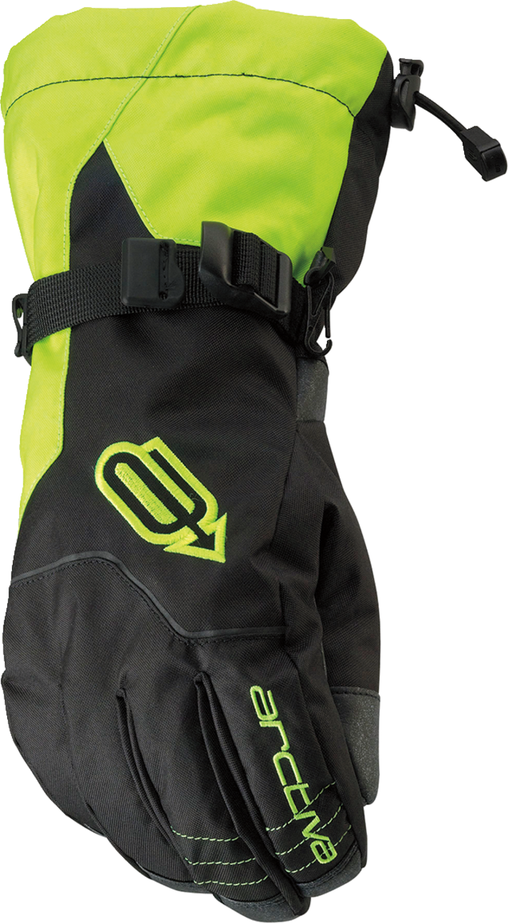 Bill's Exhausts ARCTIVA Pivot Gloves in black and hi-vis with small size, showing the gloves' textured fabric and grip details.