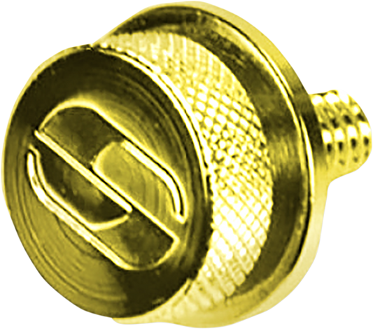 Gold SADDLEMEN 1-1/4-inch-20 seat knob from Bill's Exhausts, designed for motorcycle seats, with a polished finish and textured grip.