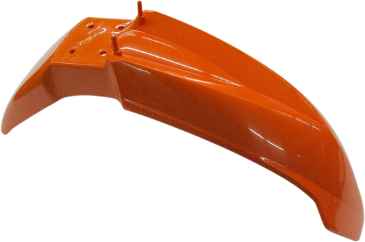 Orange Acerbis front fender for motorcycle, body part with vented design, mounted on bike with visible mounting points.