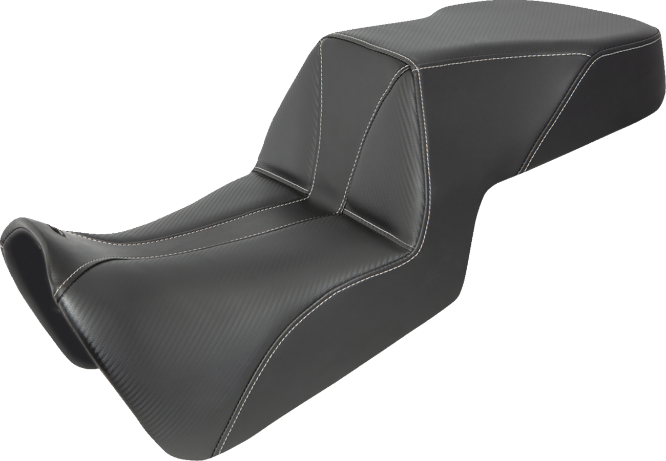 SADDLEMEN Pan America Adventure Tour Seat in carbon fiber and whisper black, low profile, designed for comfort and durability.
