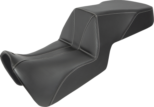 SADDLEMEN Pan America Adventure Tour Seat in carbon fiber and whisper black, low profile, designed for comfort and durability.