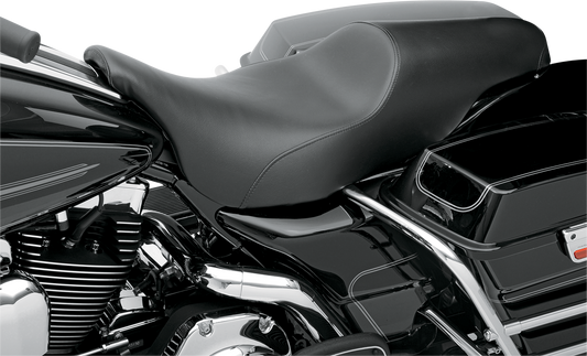 Black SADDLEMEN Profiler seat for FLHT Harley motorcycle, smooth leather with comfortable padding, designed for rider and passenger.