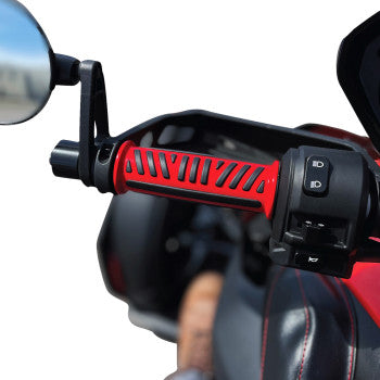 Show Chrome Combat Grips for Ryker in red, featuring textured rubber for enhanced grip and comfort on motorcycle handlebars.